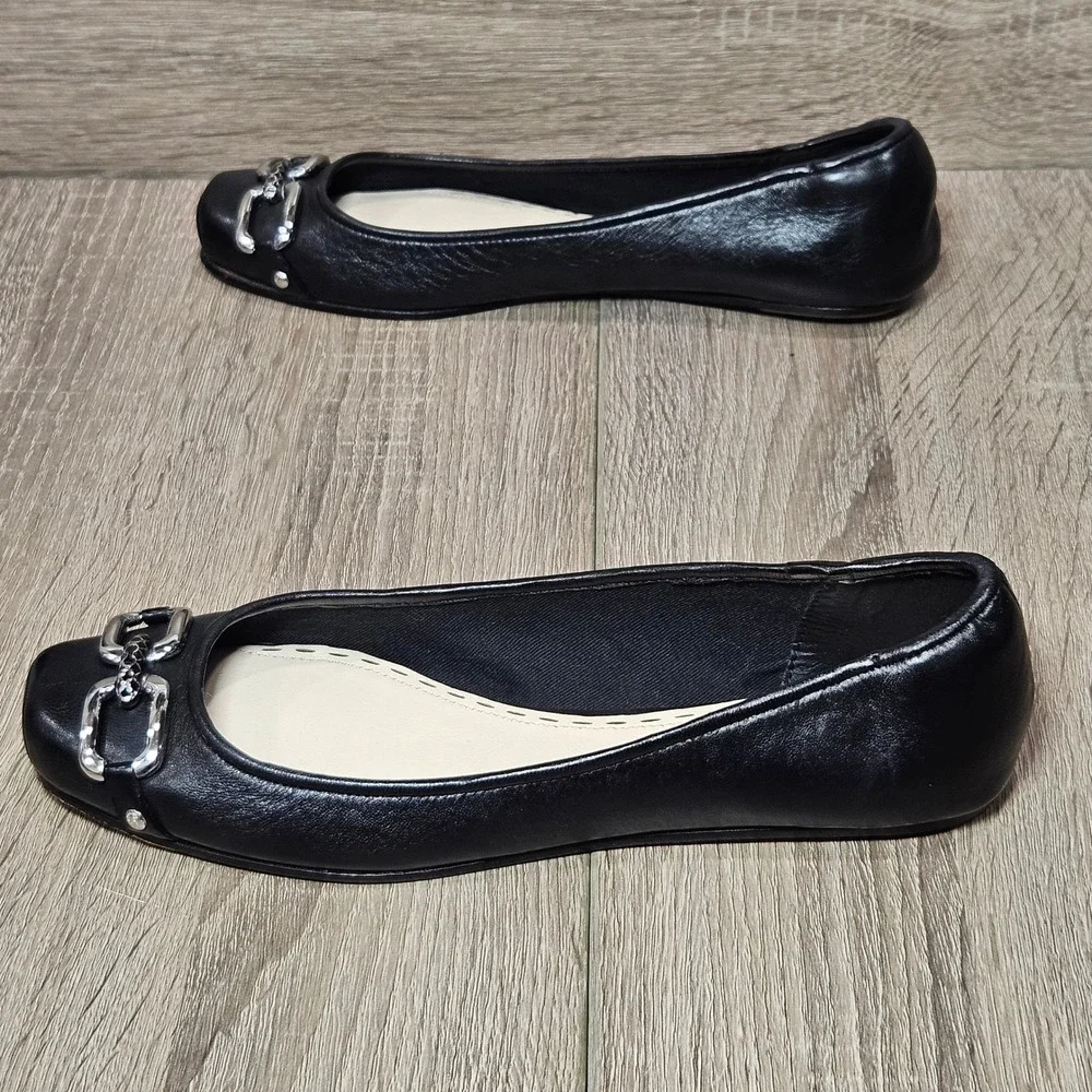Coach Black Leather Square Toe Ballet Flats Silver Chain Link Buckle Detail 7.5B